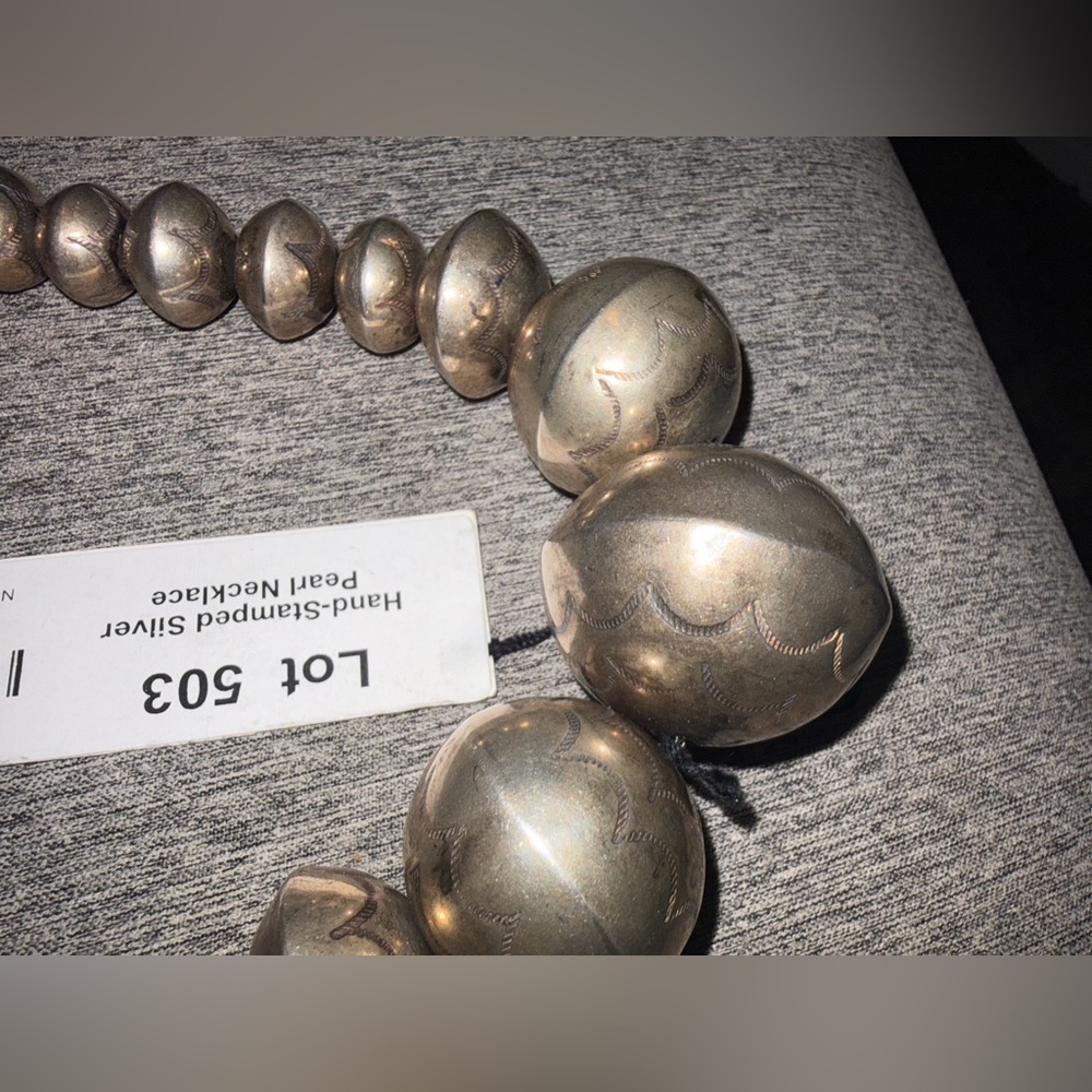 Hand stamped silver pearl necklace- Navajo Style Necklace - Silver - Picture 3 of 7